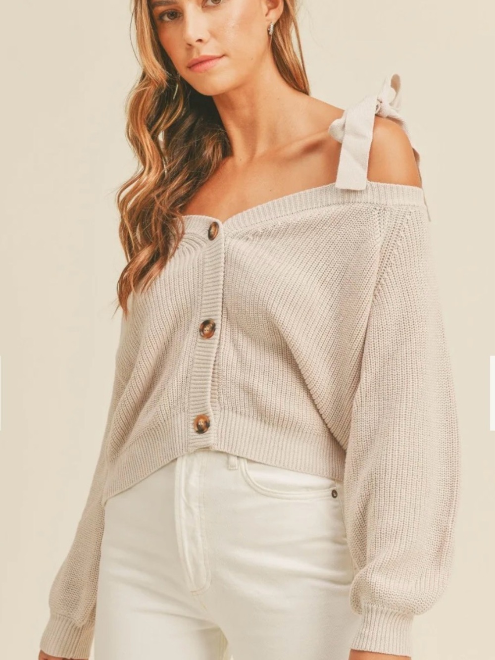 Mable Off-Shoulder Tie-Strap Button Front Cream Sweater Boho Fall Cottage Sz S